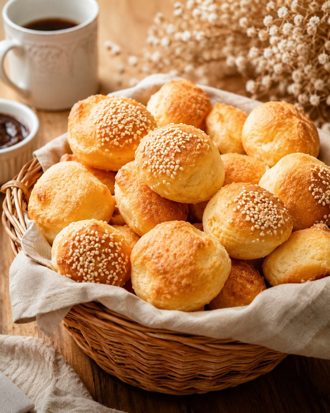 Cesta de pães nuvem caseiros com decoração natural